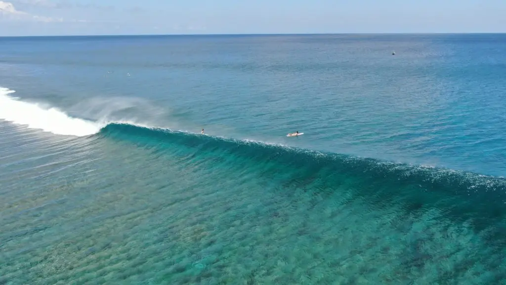 Aerial view of a left-hand wave breaking in Nemberala, Rote Island