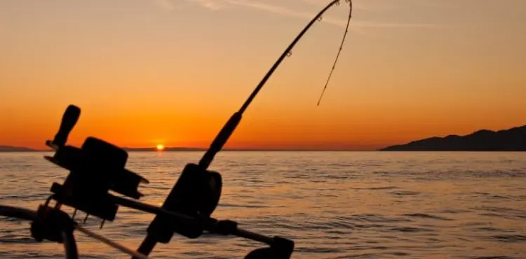 Fishing rods on a boat at sunset off Rote Island
