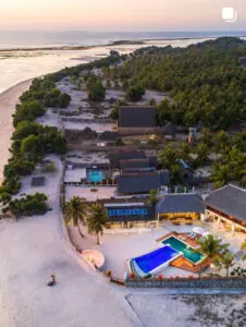 Aerial view of Manduna Resort, pool and beach in Nemberala
